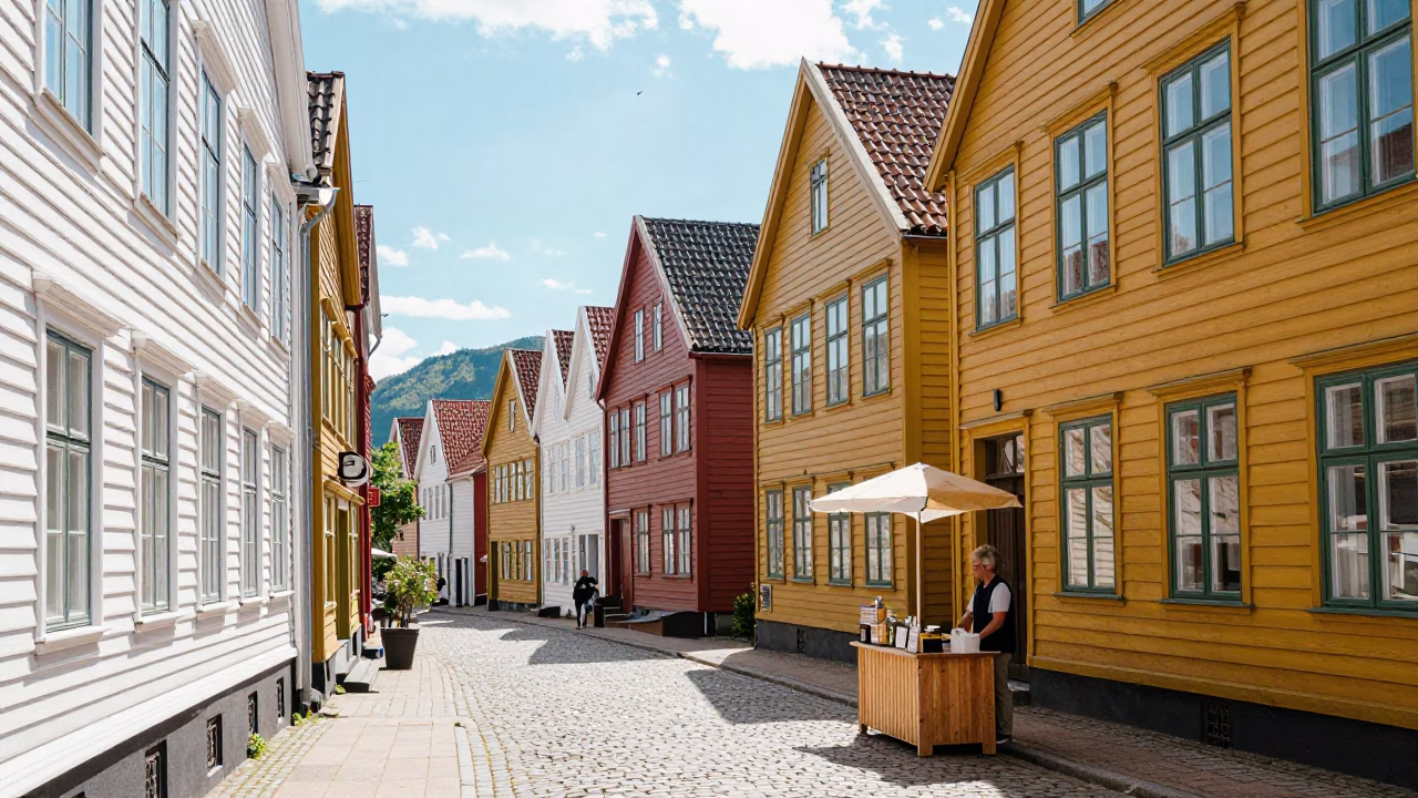Colorful Bergen Norway Street Scene Noon Light with Blue White Porcelain Bowl in in Bergen, Norway