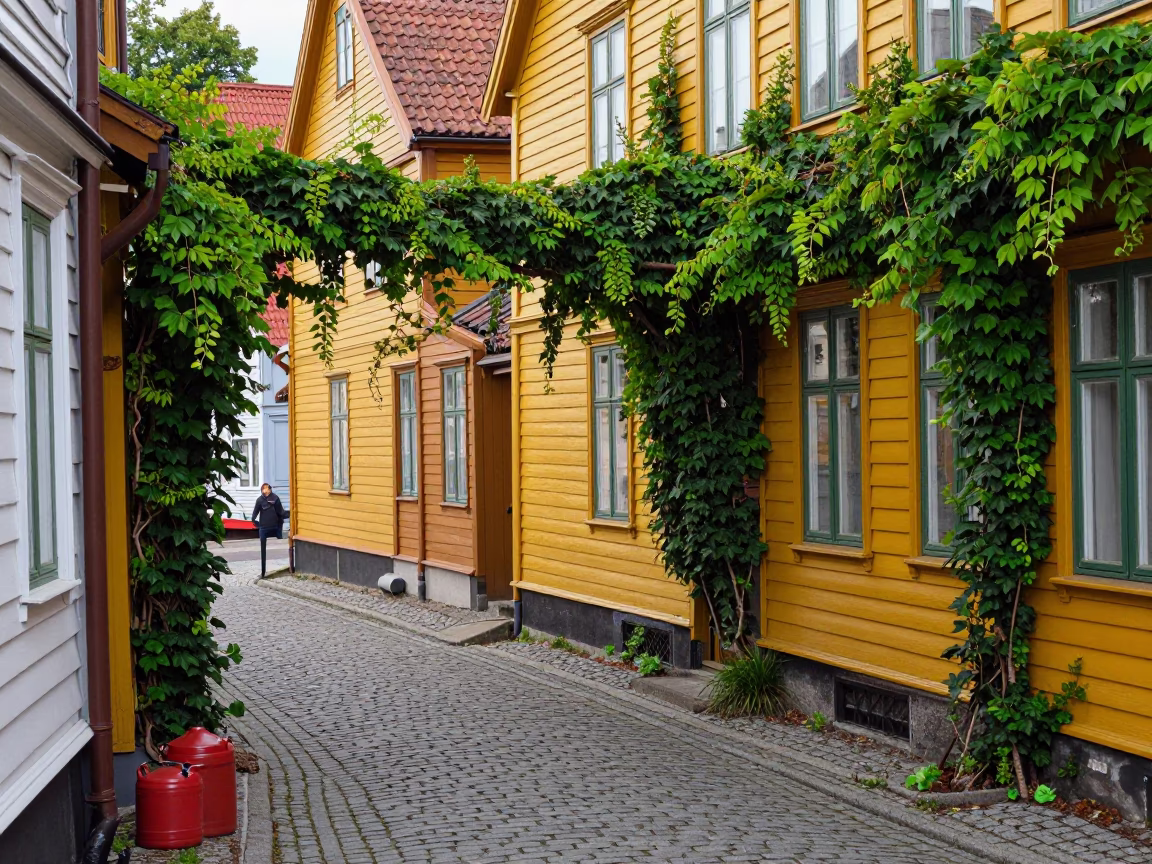 Colorful Bergen Norway Street Scene with Ivy Vines and Canisters in in Bergen, Norway