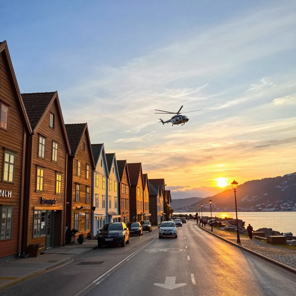 Colorful Bergen Norway Sunset Street Scene with Supply Helicopter Over Mountains in in Bergen, Norway