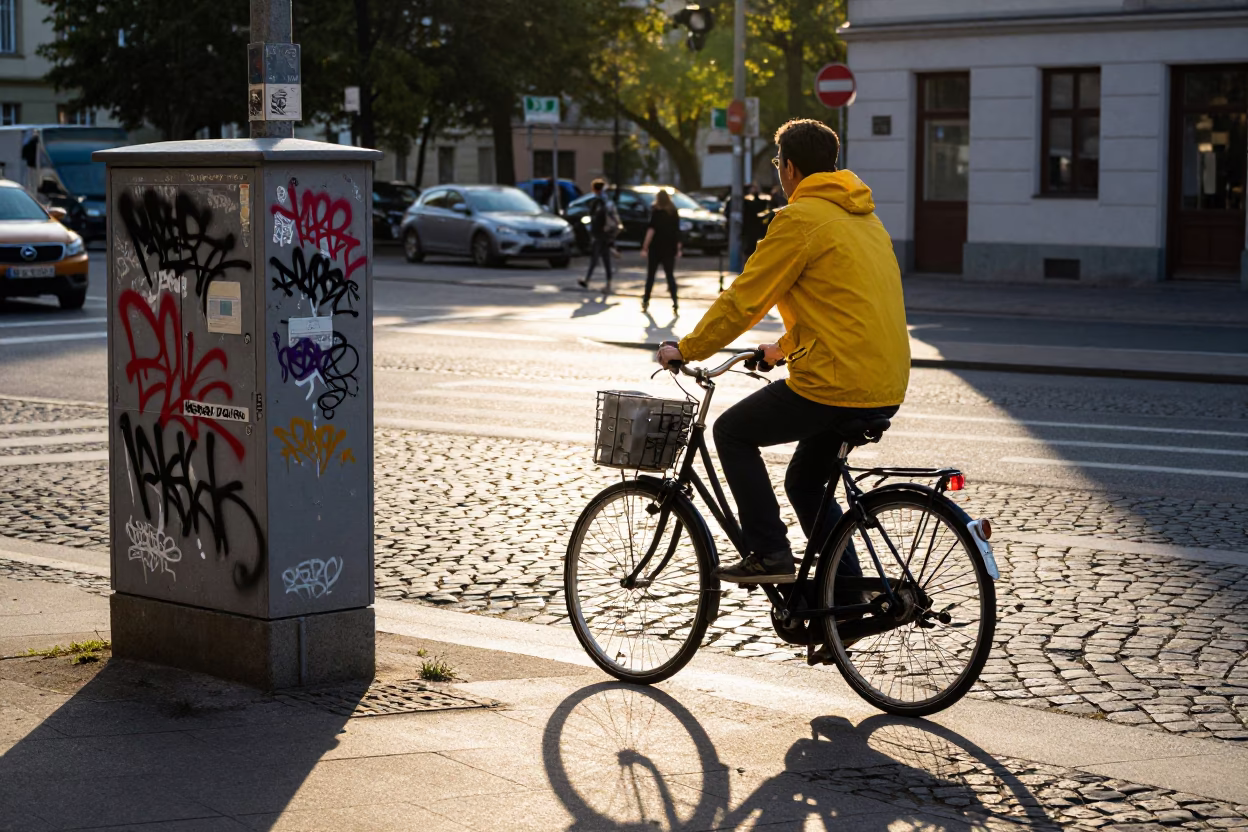 Colorful Berlin Late Afternoon Street Scene with Vintage Bicycle and Urban Details in in Berlin, Germany