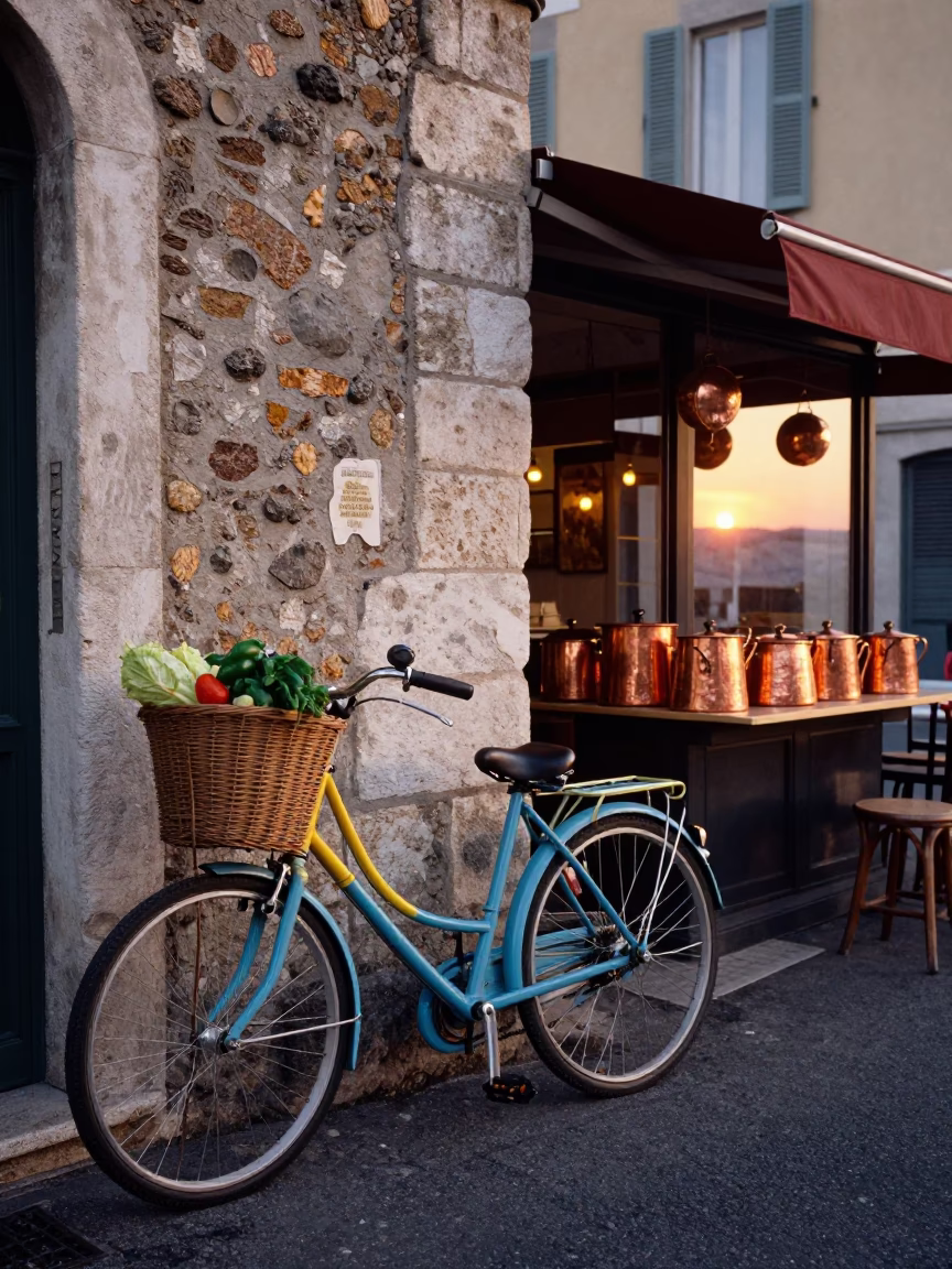 Colorful Bicycle and Copper Pots on a Nice France Street at Sunset in in Nice, France