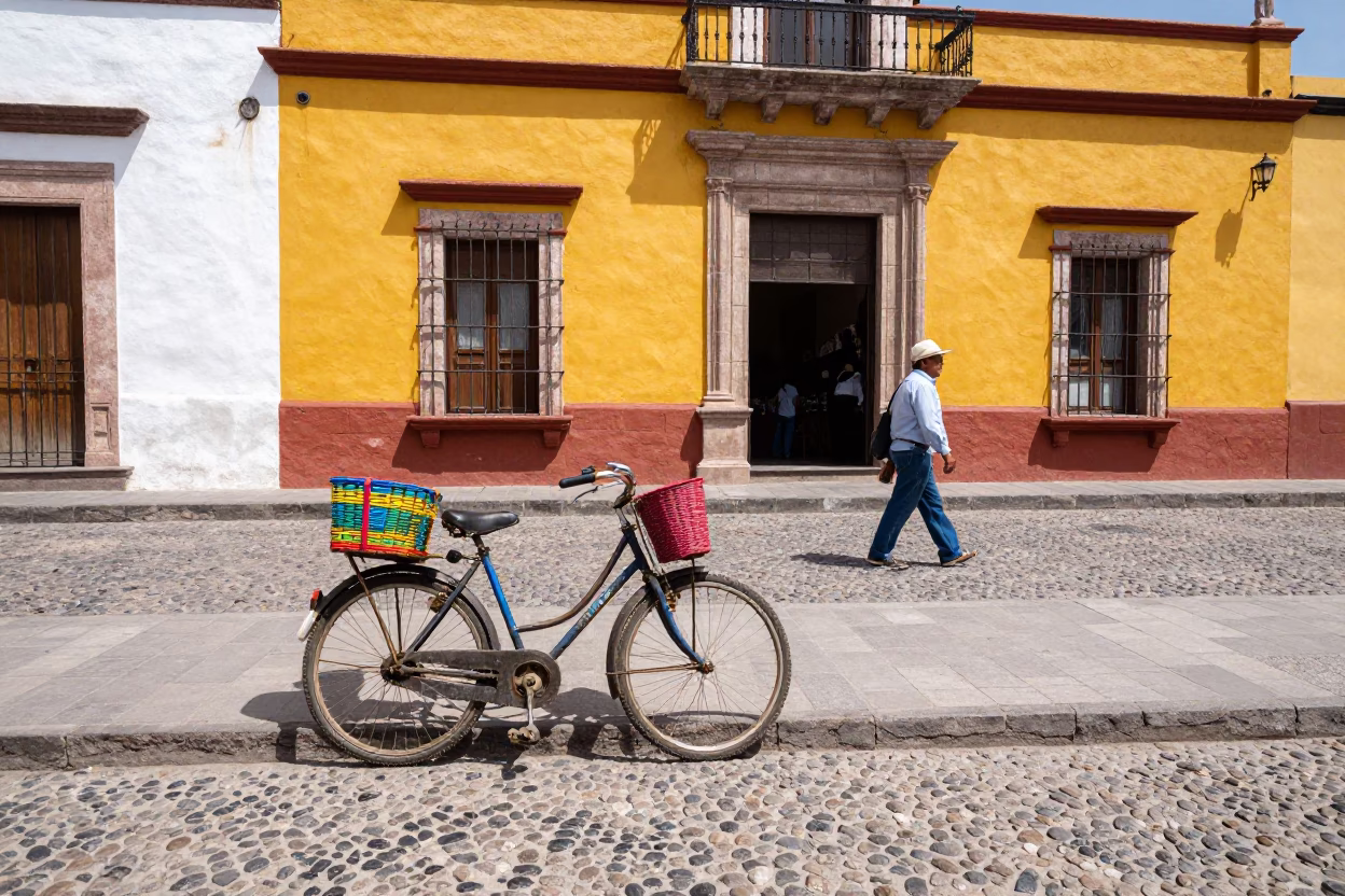 Colorful Bicycle Basket Scene in Merida Mexico Midmorning Street Life in in Merida, Mexico