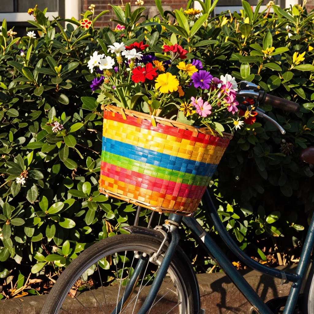 Colorful Bicycle Basket with Plumbago Hedge in Amsterdam Early Afternoon in in Amsterdam, Netherlands