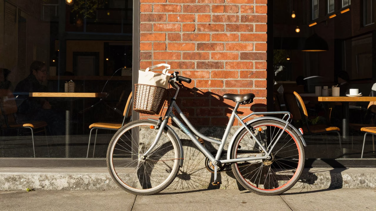 Colorful Bicycle Leaning Against Downtown Vancouver Cafe in Early Afternoon in in Vancouver, British Columbia, Canada