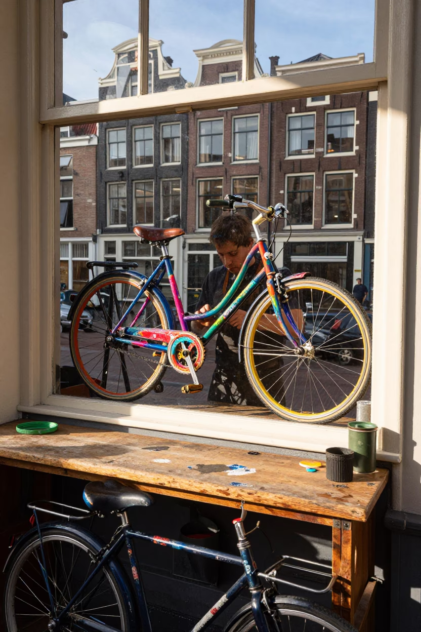Colorful Bicycle Repair Shop in Amsterdam with Paint Flecks and Tools in in Amsterdam, Netherlands