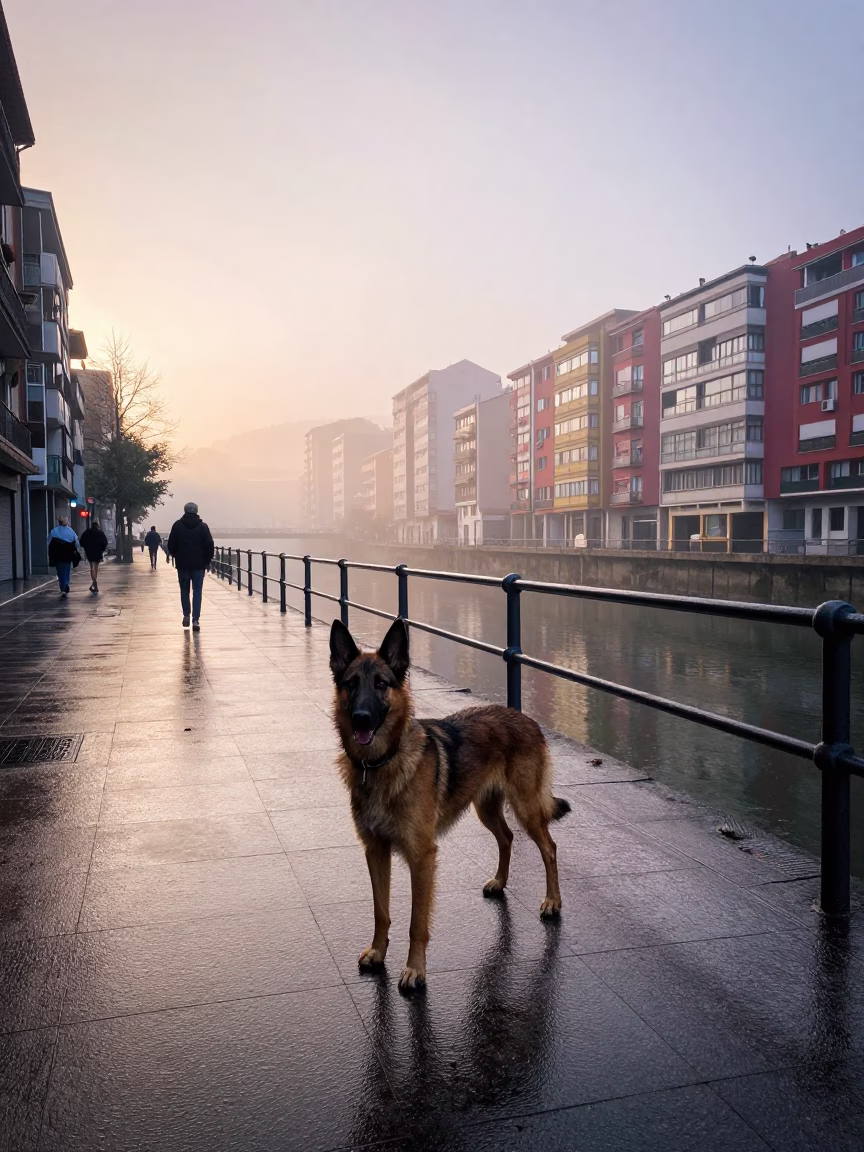 Colorful Bilbao Morning Street Scene with German Spitz Dog at Nautical Dawn in in Bilbao, Spain
