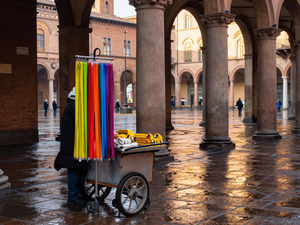 Colorful Bologna Street Stall After Rain First Light Measuring Tapes in in Bologna, Italy