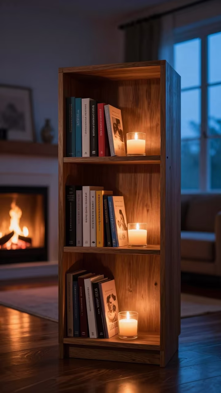 Colorful Bookshelf by Fire in Makassar Living Room in by a crackling fireplace in Makassar