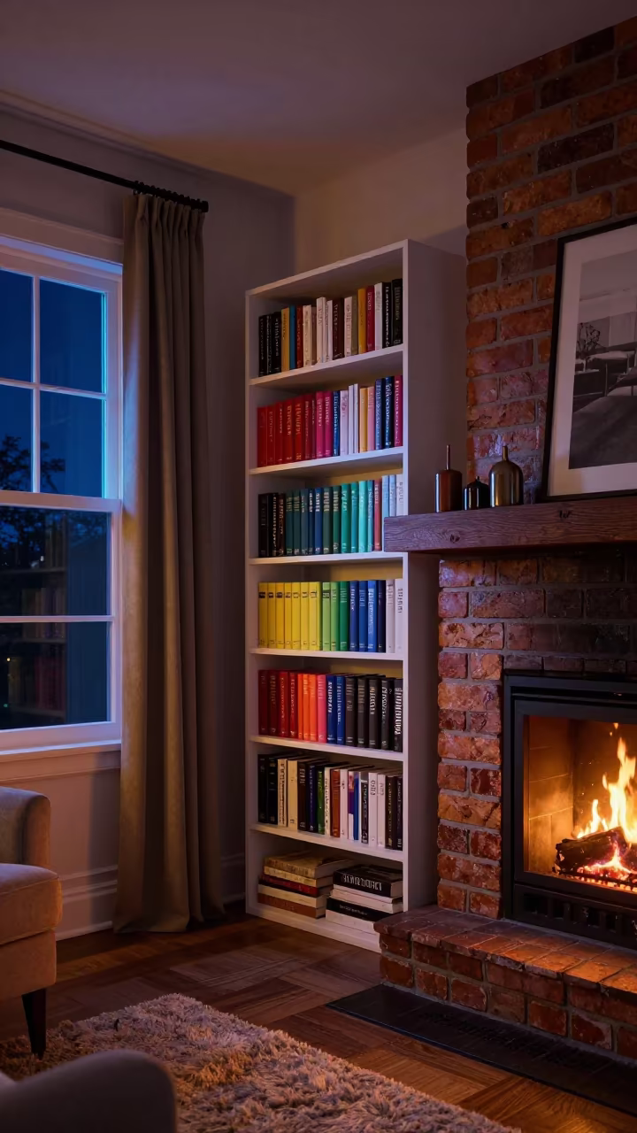 Colorful Bookshelf by Fireplace in Late Summer Night in by a crackling fireplace in Bradford