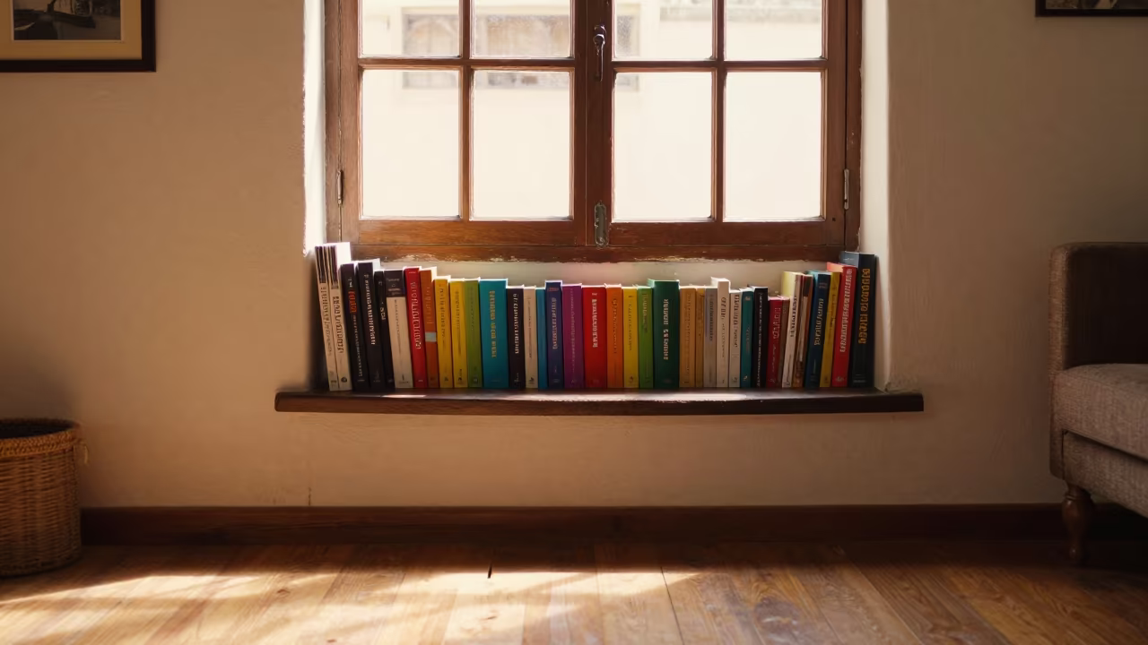 Colorful Bookshelf on Puebla Window Seat in on a window seat in Puebla