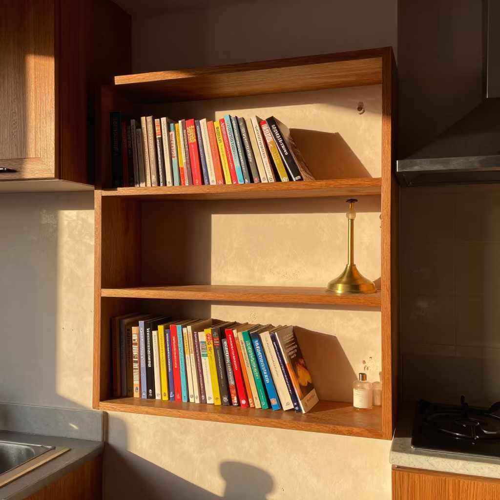 Colorful Bookshelf in Visakhapatnam Golden Hour Room in in a cozy kitchen in Visakhapatnam