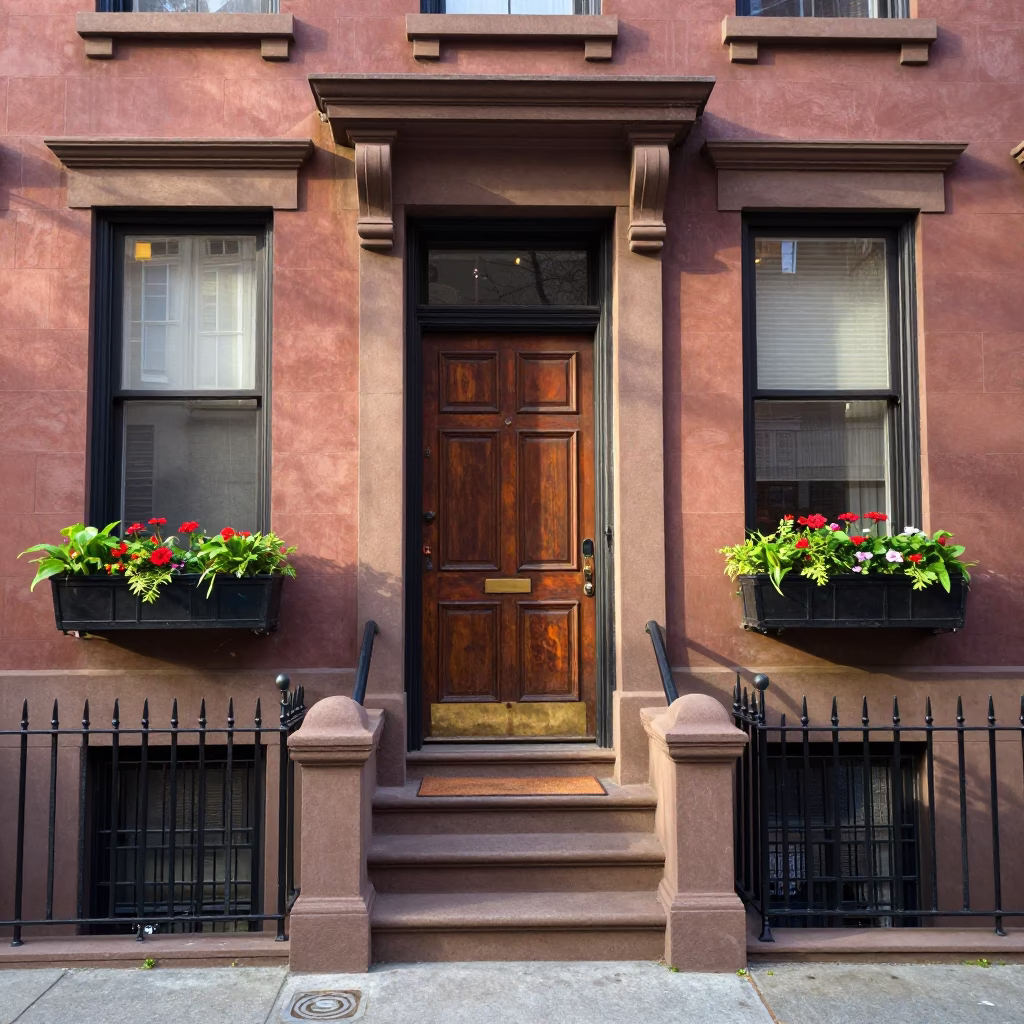 Colorful Boston Brownstone Window Box and Doormat in Late Afternoon Light in in Boston, Massachusetts, United States