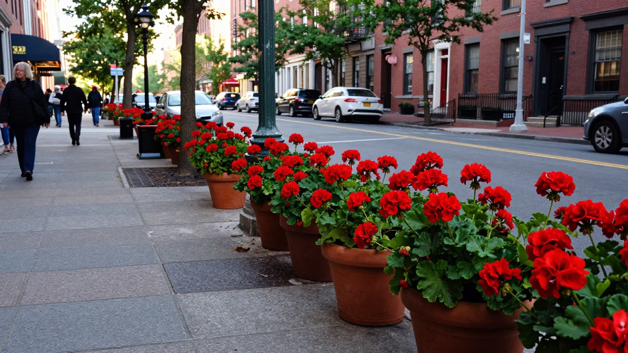 Colorful Boston Late Morning Street Scene with Potted Geraniums and Local Details in in Boston, Massachusetts, United States