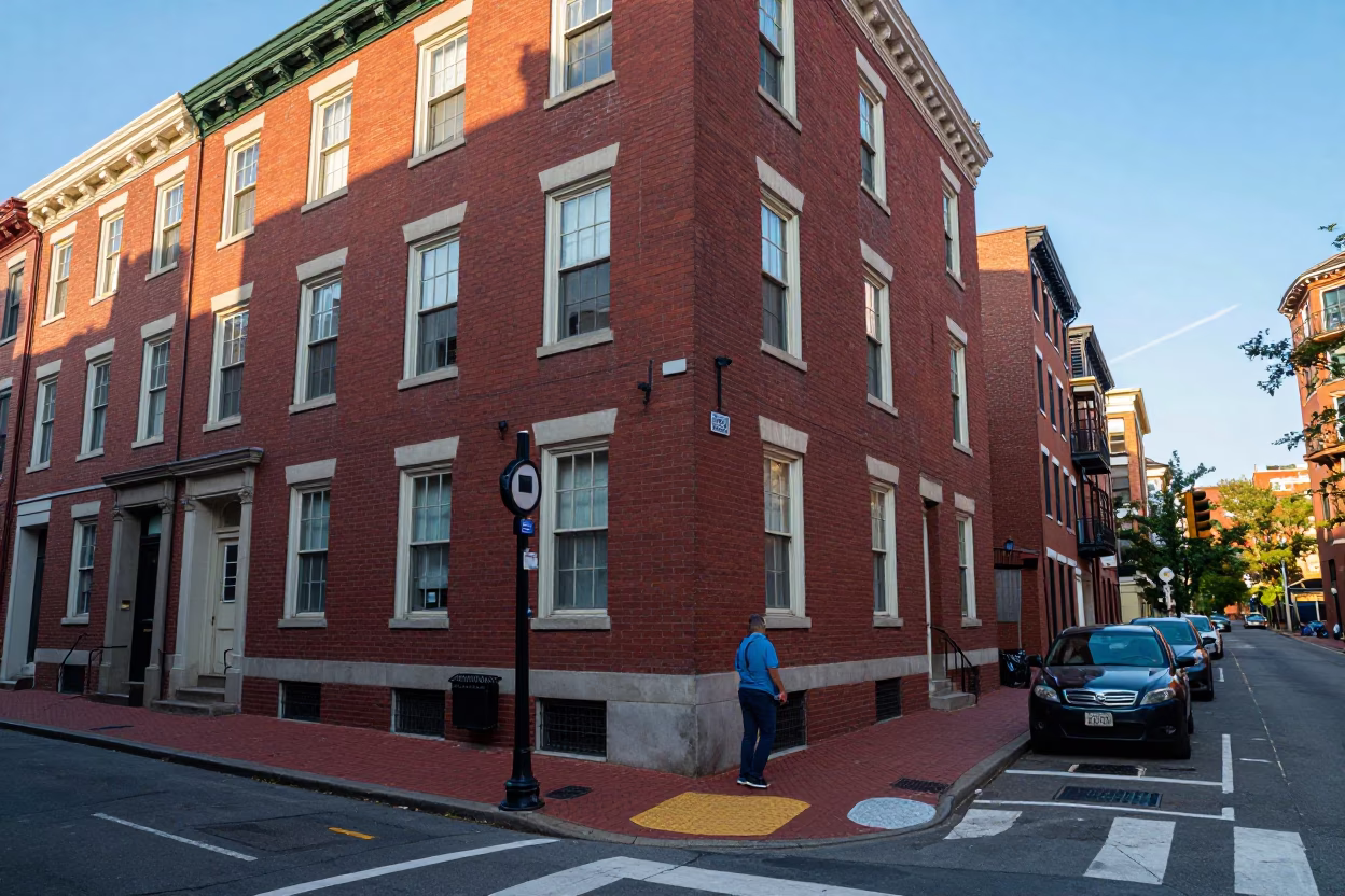 Colorful Boston Street Scene with Red Brick Buildings and Late Afternoon Light in in Boston, Massachusetts, United States