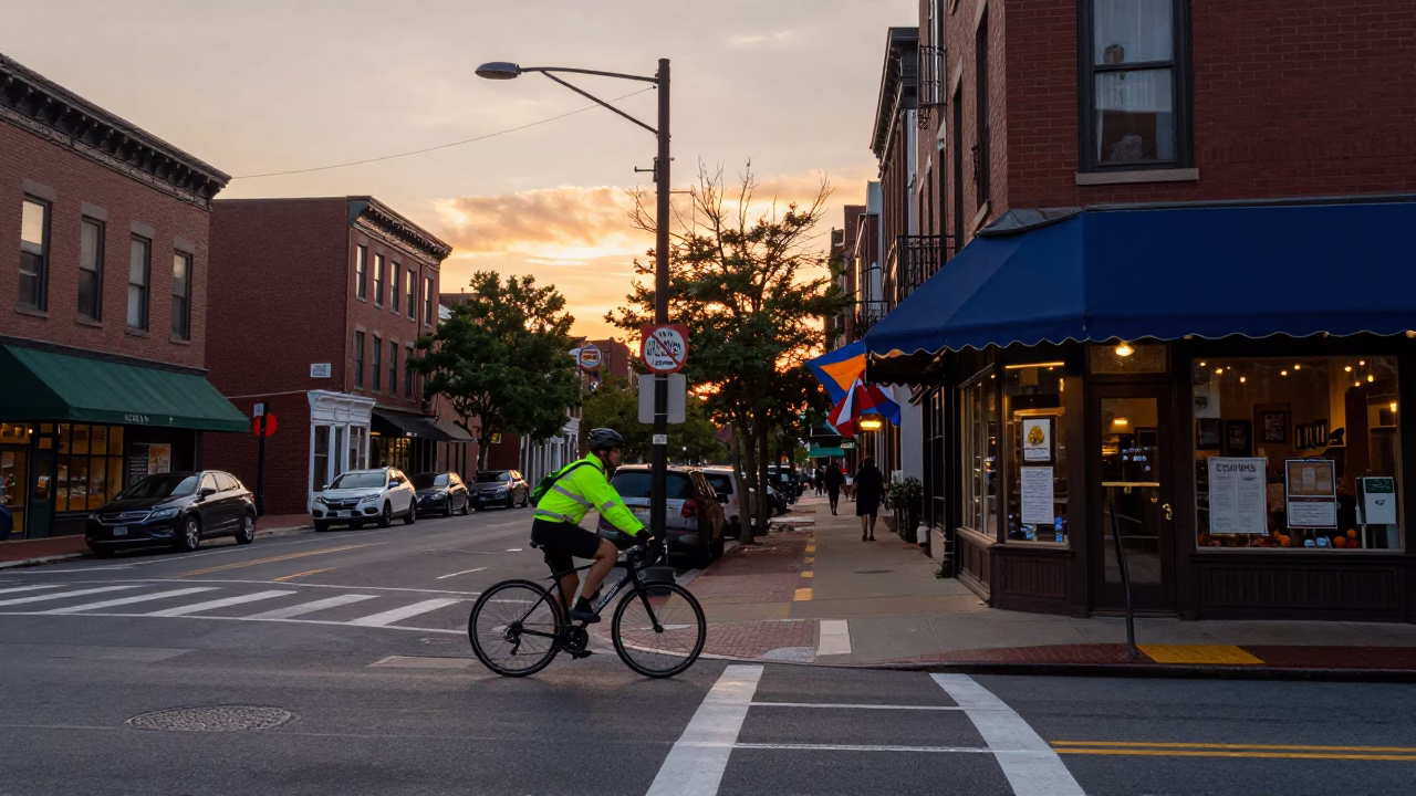 Colorful Boston Sunset Street Scene with Local Details and Urban Life in in Boston, Massachusetts, United States