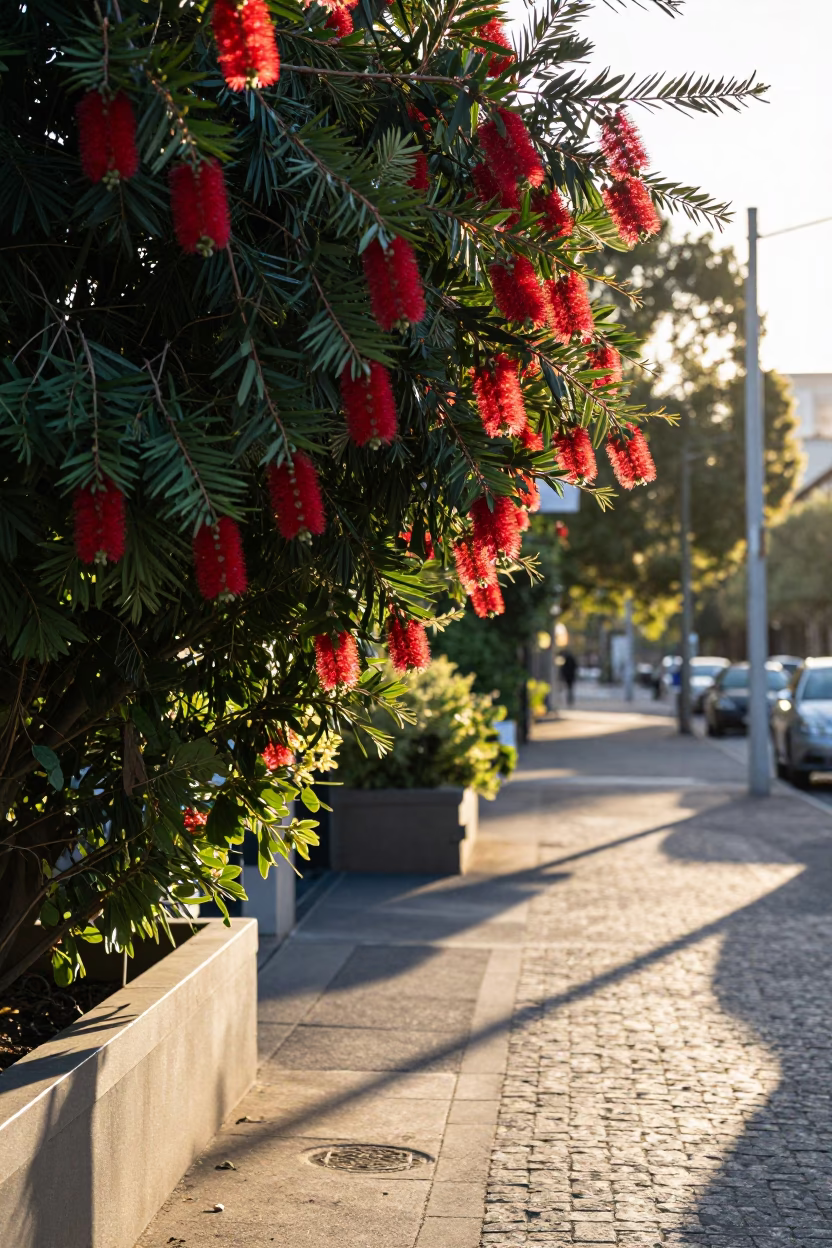 Colorful Bottle Brush Blooms and Morning Light in Melbourne laneway in in Melbourne, Victoria, Australia