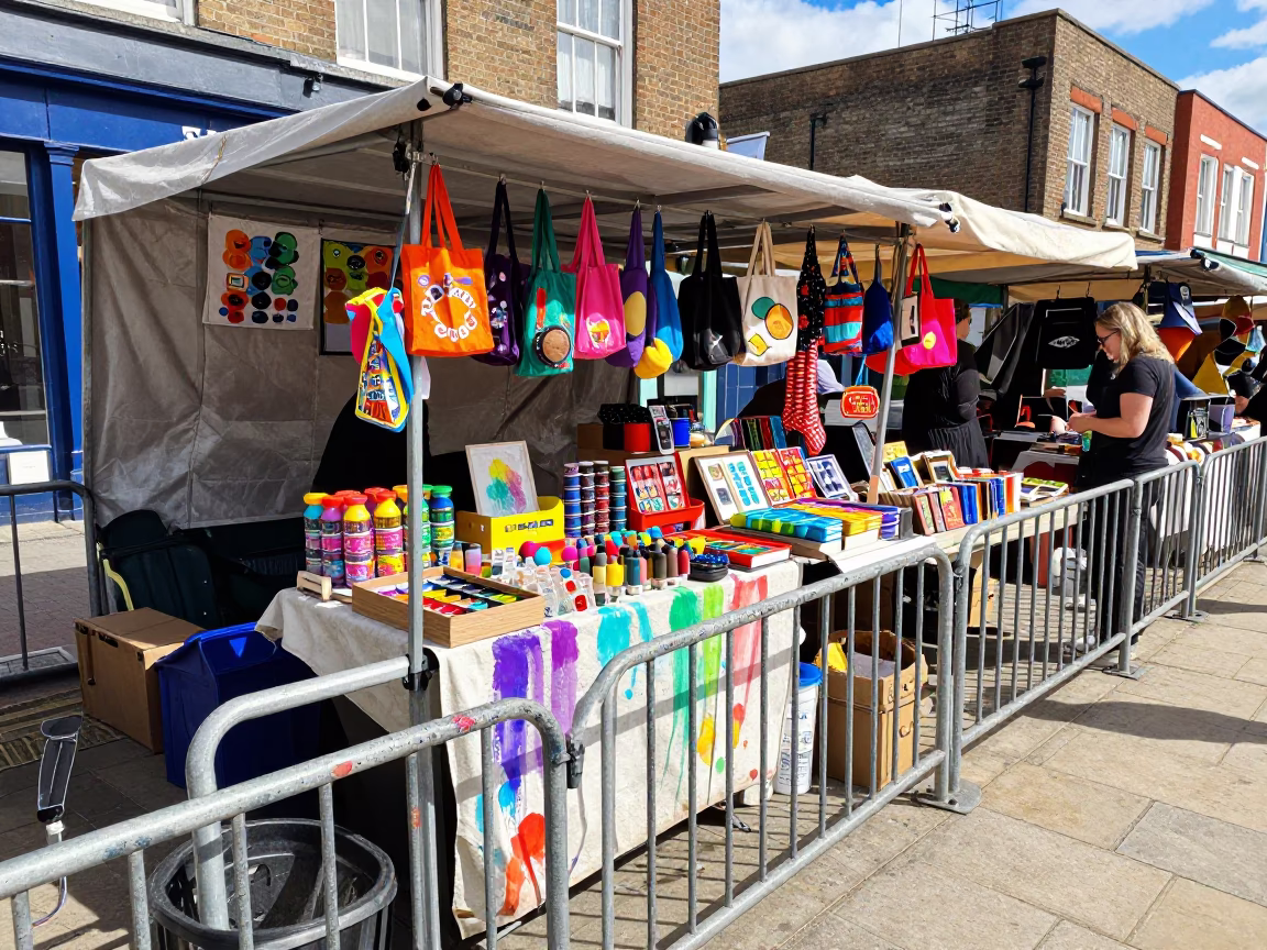 Colorful Bristol Street Market Stall with Paint Flecks and Local Commerce at Midday in in Bristol, United Kingdom