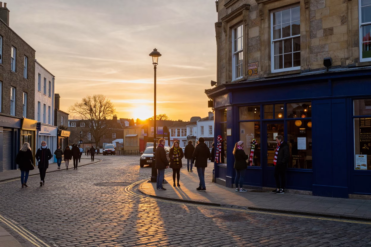 Colorful Bristol Street Scene at Sunset with Wool Scarves and Stone Architecture in in Bristol, United Kingdom