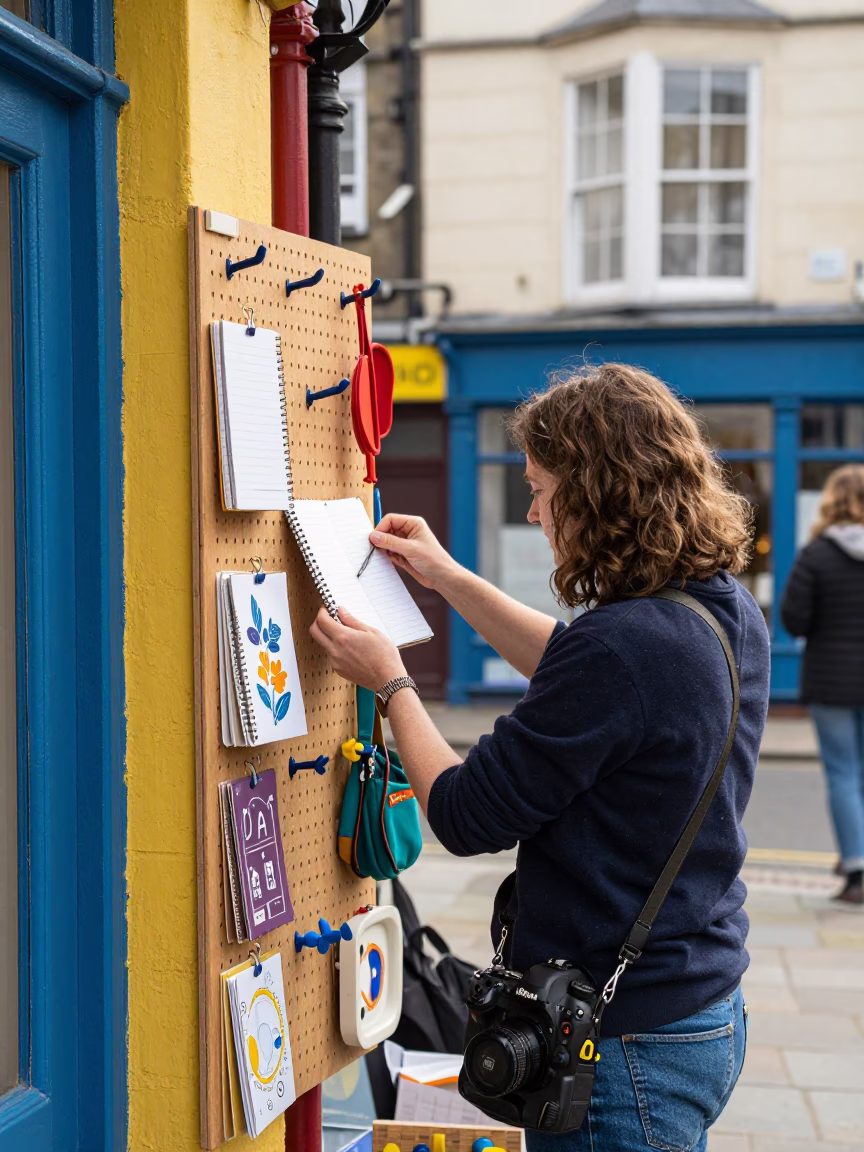 Colorful Bristol Street Scene with Notebook and Pegboard Hook in Bright Midmorning Light in in Bristol, United Kingdom