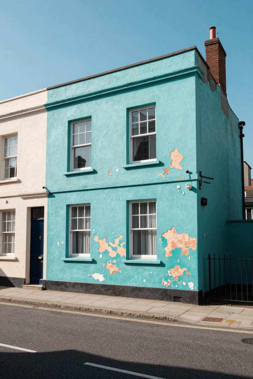 Colorful Bristol Street Scene With Peeling Turquoise Paint And Sun Hat in in Bristol, United Kingdom