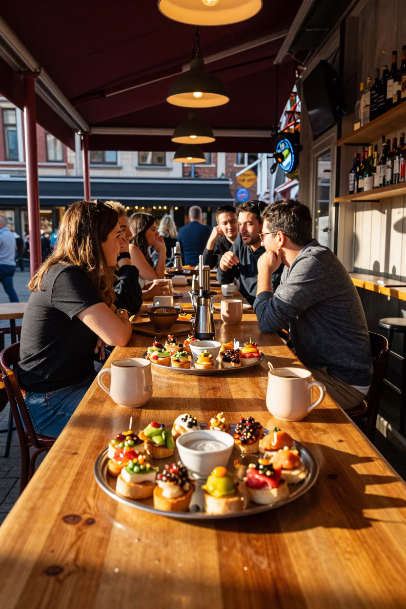Colorful Brussels Evening Bar Counter with Tray of Spanish Pintxos and Local Crowd in in Brussels, Belgium