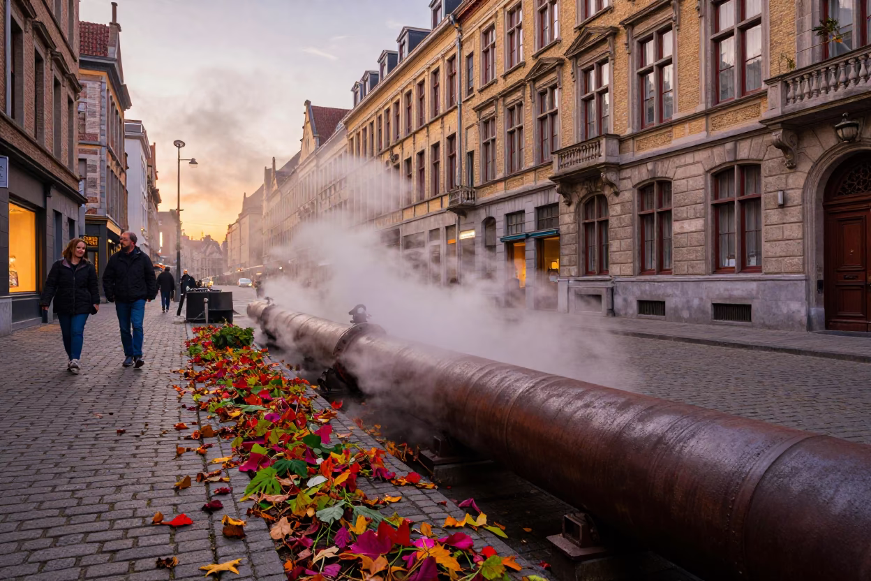 Colorful Brussels Evening Street Scene with Steam Pipes and Autumn Leaves in in Brussels, Belgium