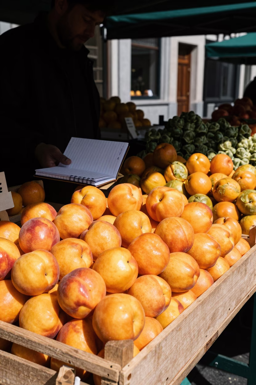 Colorful Brussels Market Stall with Nectarines and Notebook Under Noon Light in in Brussels, Belgium