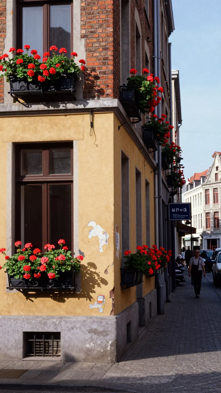 Colorful Brussels Street Scene with Vintage Window Boxes and Coats in in Brussels, Belgium