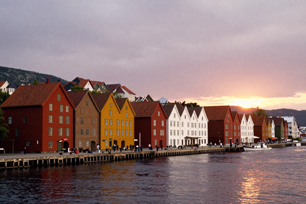 Colorful Bryggen Houses And Harbor Water in Bergen in in Bergen, Norway