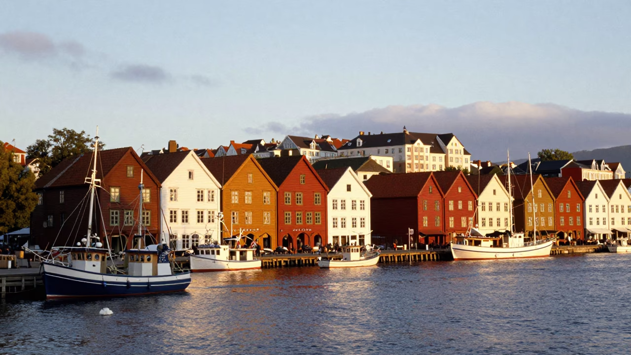 Colorful Bryggen Wharf Houses And Fishing Boats in Bergen in in Bergen, Norway