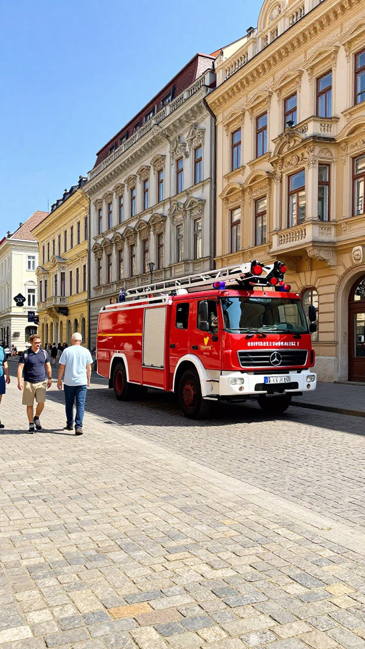 Colorful Budapest Midday Street Scene with Fire Engine and Urban Activity in in Budapest, Hungary