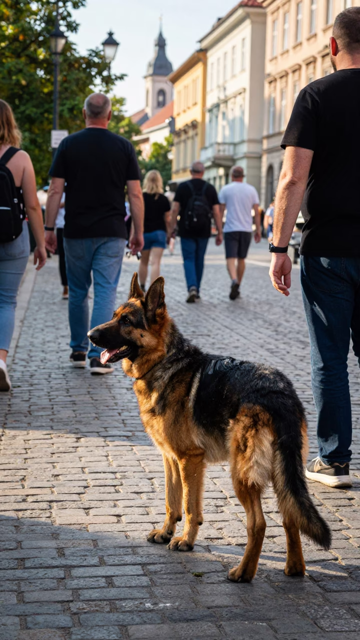 Colorful Budapest Street Scene with German Shepherd Dog and Bougainvillea in Early Afternoon in in Budapest, Hungary