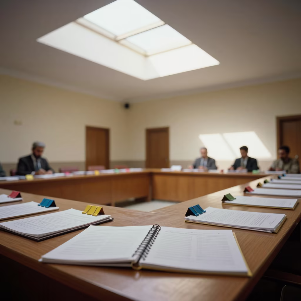 Colorful Budget Binder Tabs in Karbala Town Hall in in a fluorescent town hall meeting room in Karbala