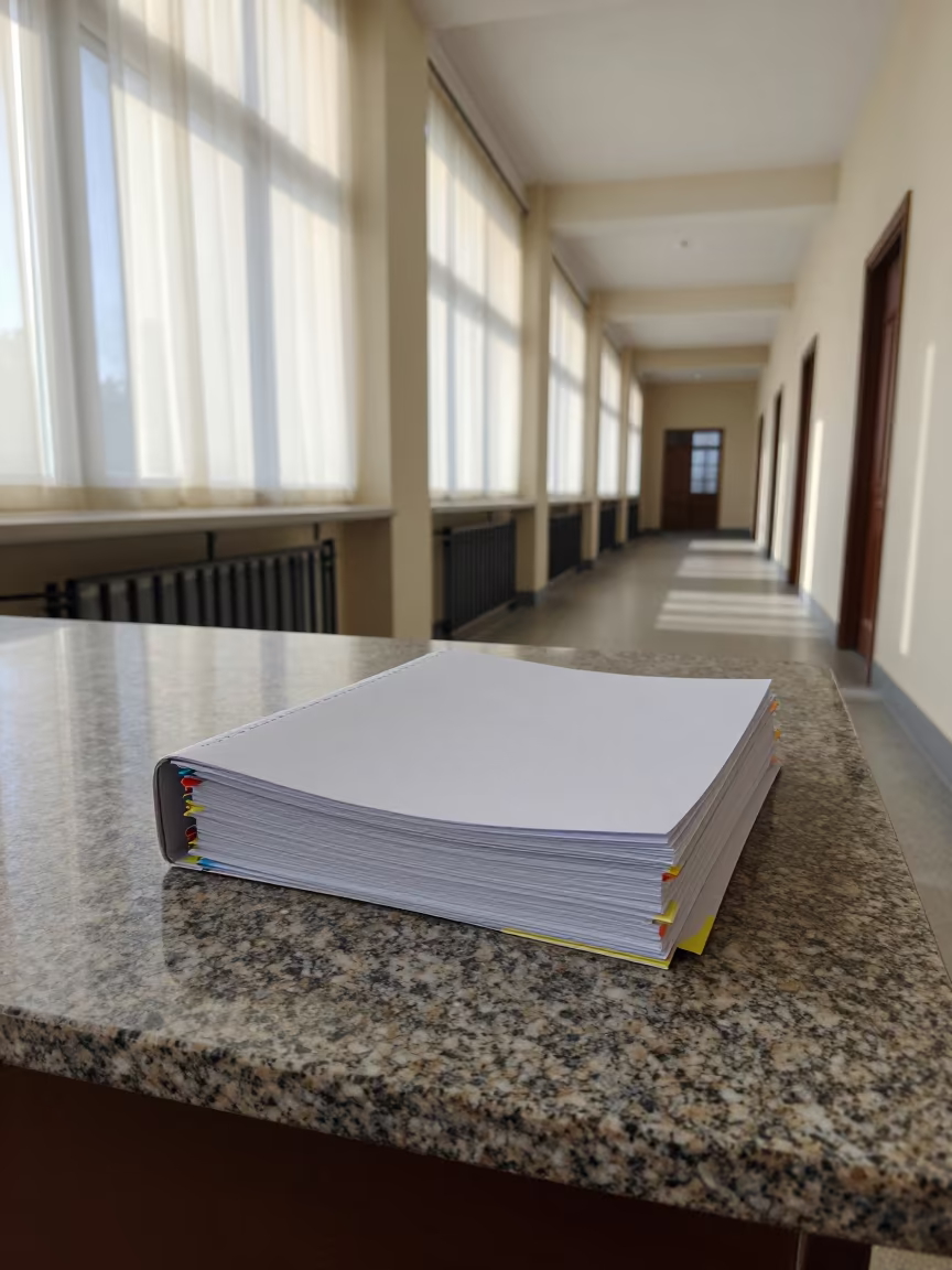 Colorful Budget Binder Tabs in Szeged Courthouse in in a courthouse corridor in Szeged