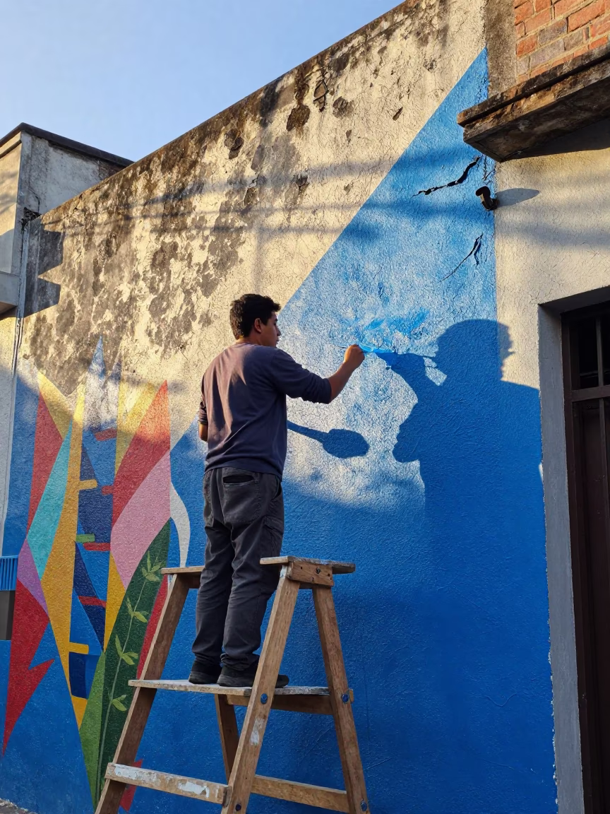 Colorful Buenos Aires Street Mural Being Painted by Artist in Early Morning Sunlight in in Buenos Aires, Argentina