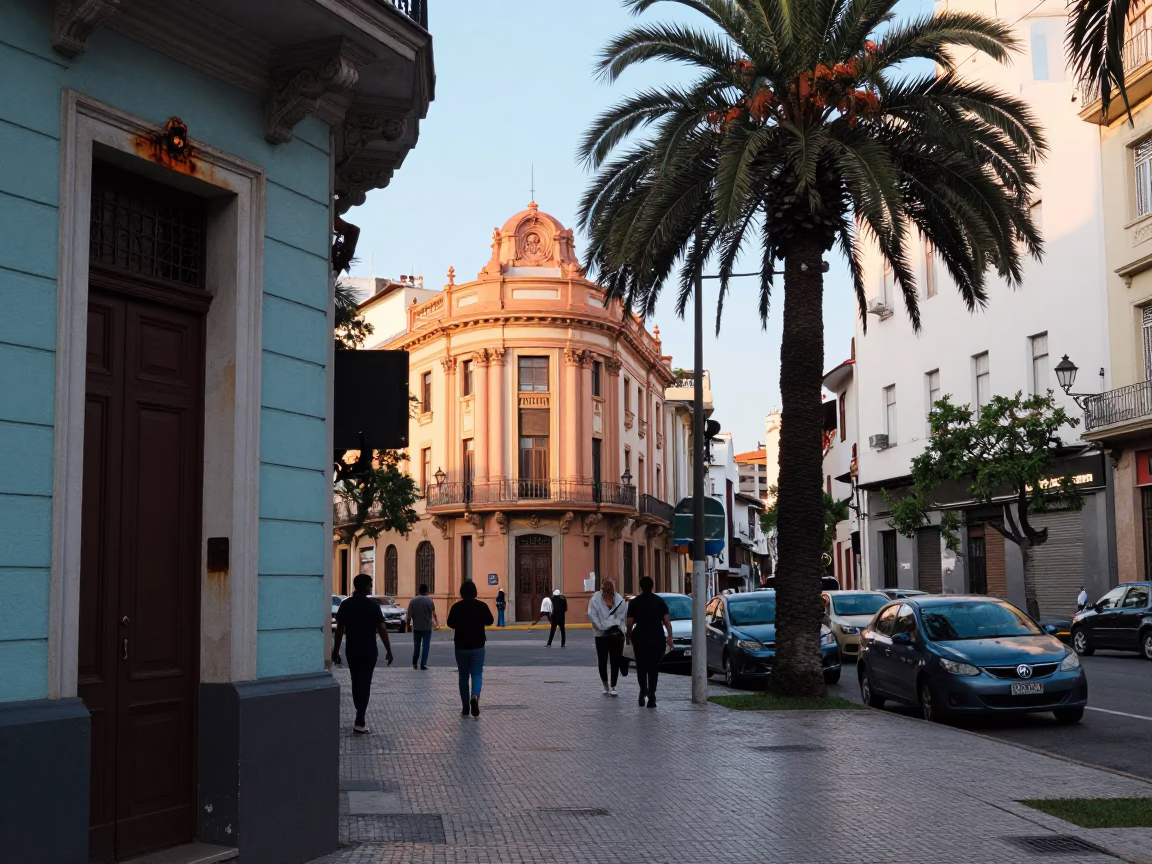 Colorful Buenos Aires Street Scene Late Morning with Palm Tree Avenue and Rusty Doorframe in in Buenos Aires, Argentina
