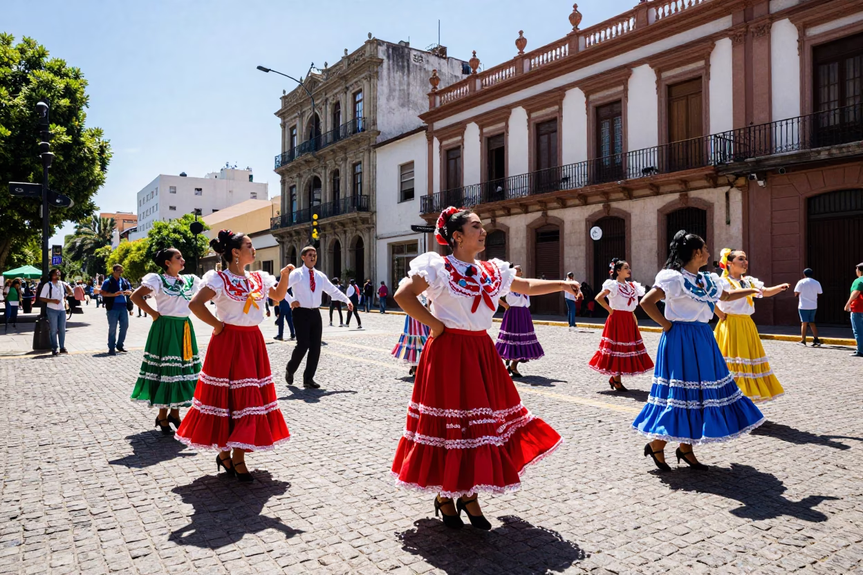 Colorful Buenos Aires Street Scene with Folk Dancers in Traditional Costumes at Midday in in Buenos Aires, Argentina