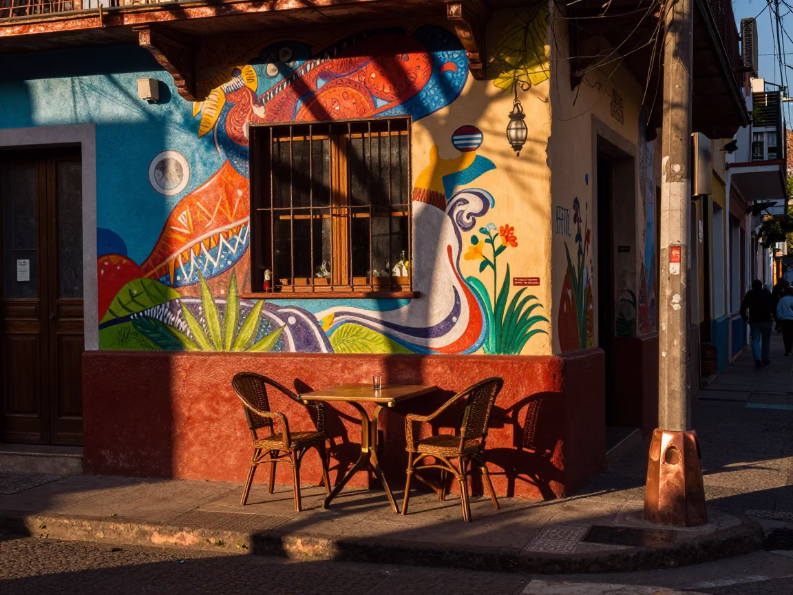 Colorful Buenos Aires Street Scene with Wicker Shadow and Copper Dusk Light in in Buenos Aires, Argentina