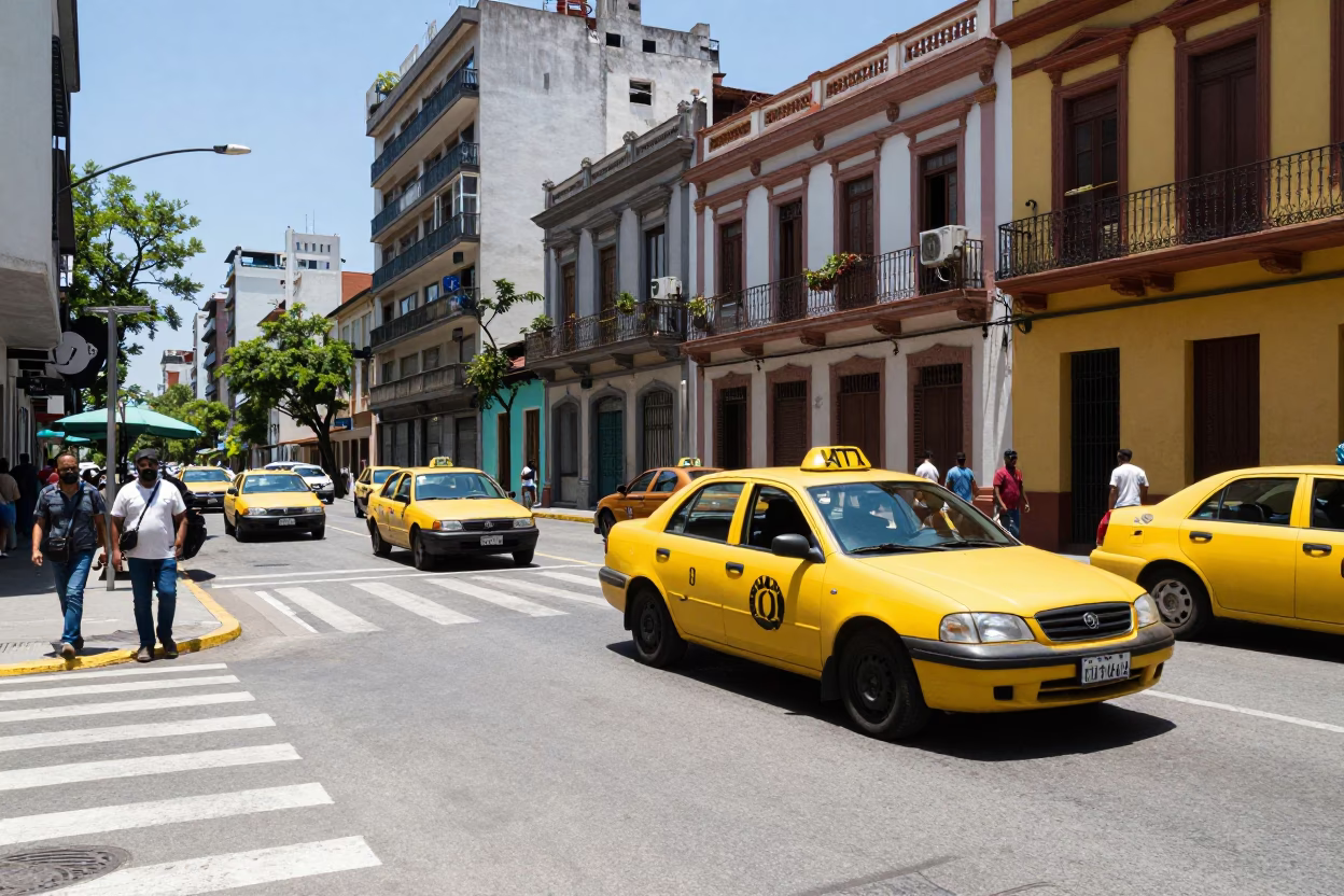 Colorful Buenos Aires Street Scene with Yellow Taxi and Pedestrians at Midday in in Buenos Aires, Argentina