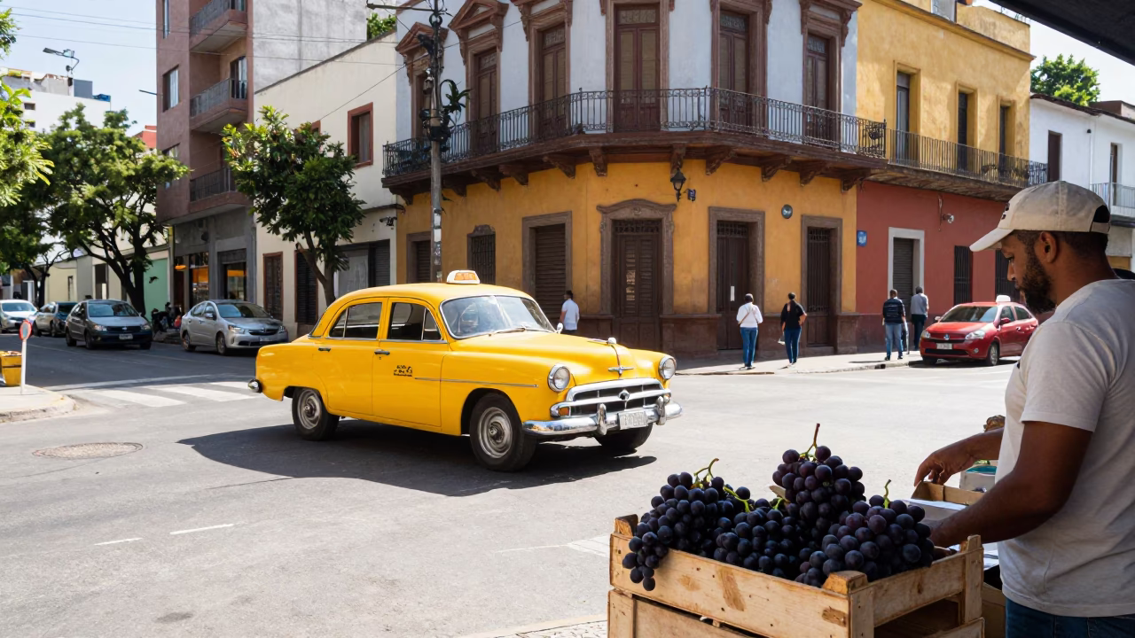 Colorful Buenos Aires Street Scene with Yellow Taxi and Vintage Brass Microscope in in Buenos Aires, Argentina
