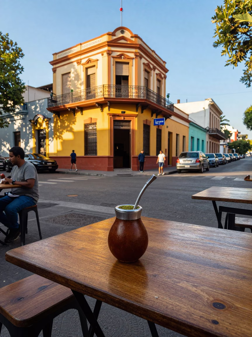Colorful Buenos Aires Street Scene with Yerba Mate and Local Architecture in in Buenos Aires, Argentina