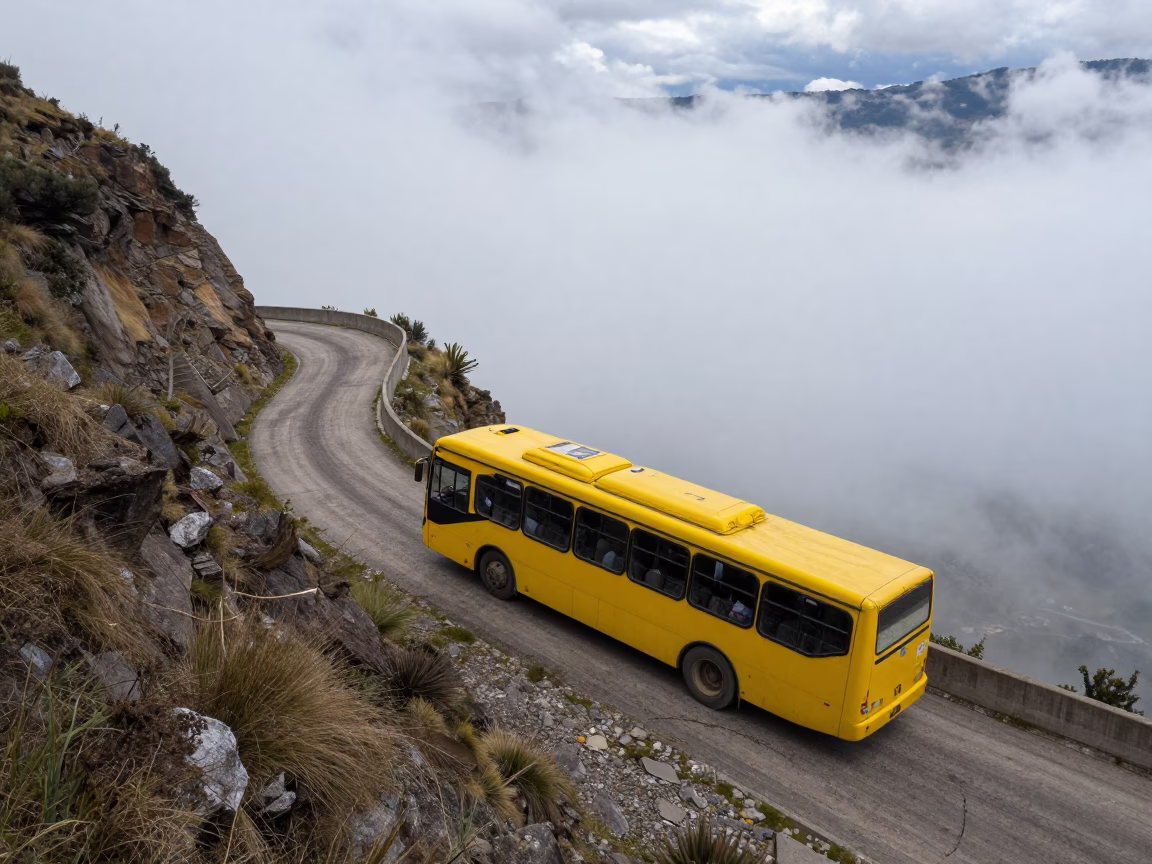 Colorful Bus Navigating Steep Mountain Switchback Above Clouds in Quito Ecuador Afternoon in in Quito, Ecuador