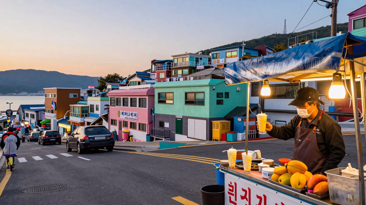 Colorful Busan Street Scene Early Evening with Condensation and Vintage Details in in Busan, South Korea
