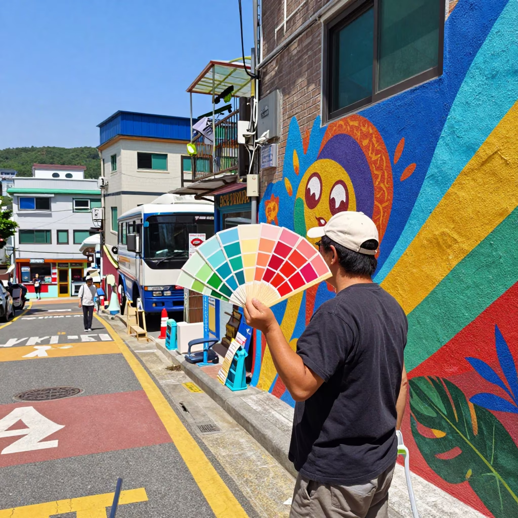 Colorful Busan Street Scene with Muralist Painting Sample Swatches on Scaffold at Midday in in Busan, South Korea