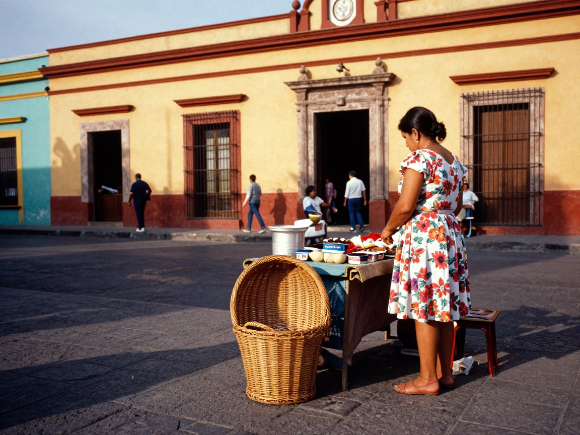 Colorful Busy 1960s Guadalajara Mexico Street Scene with Wicker Hamper and Local Interaction in in Guadalajara, Mexico