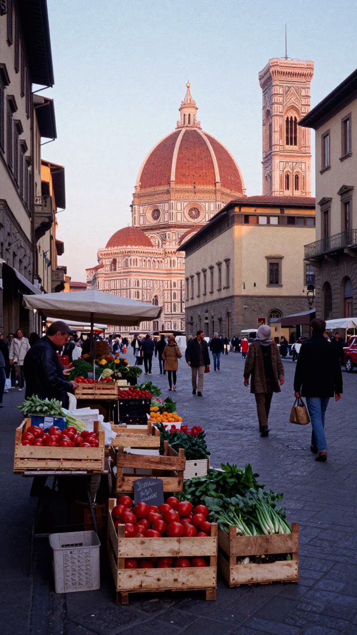 Colorful Busy 1970s Florence Street Scene Before Sunrise with Local Market Activity in in Florence, Italy