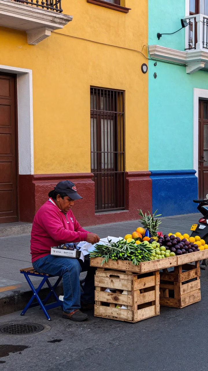 Colorful Busy 1970s Lima Peru Street Scene with Folding Stools and Olive Branch in in Lima, Peru
