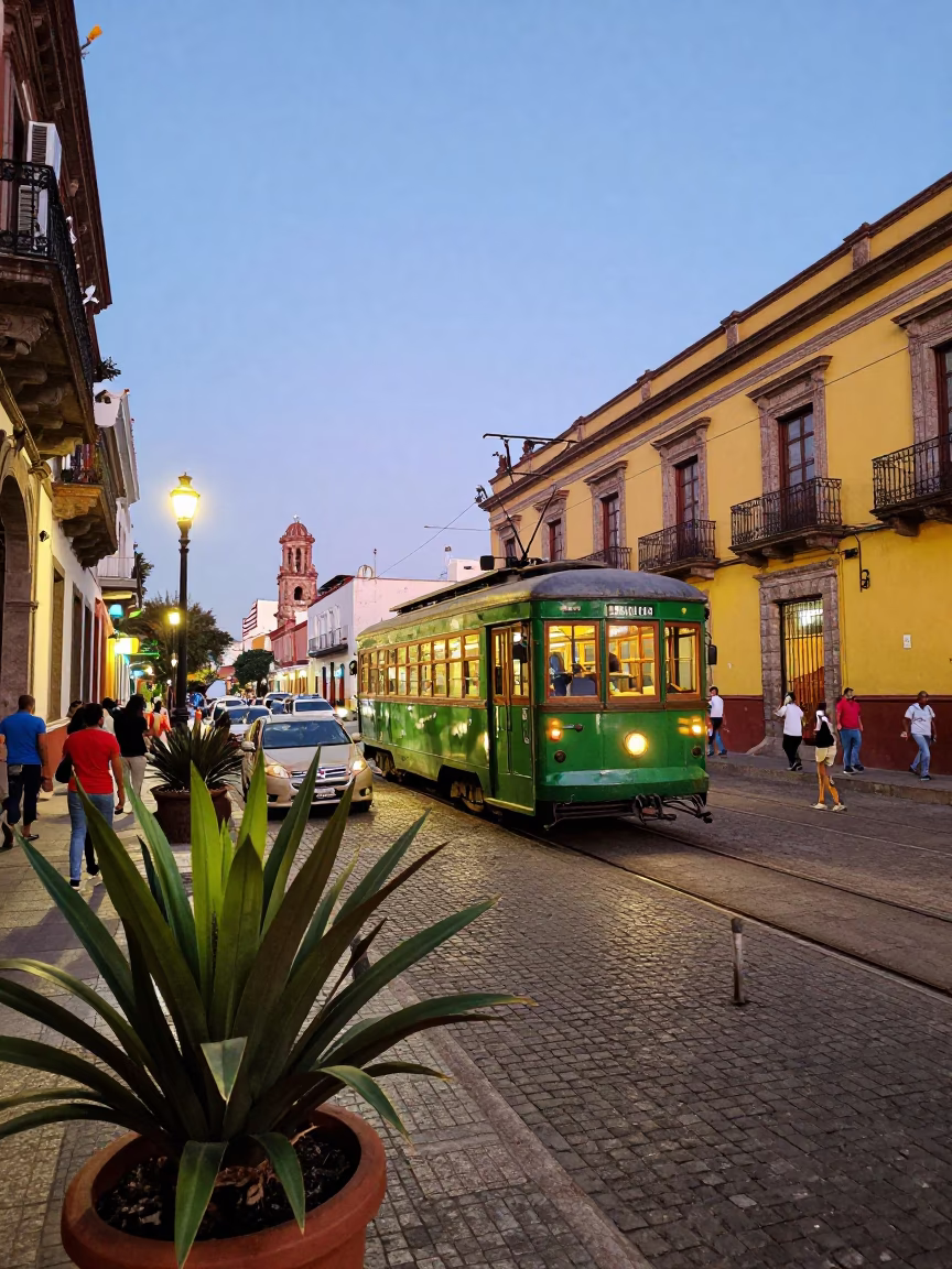 Colorful Busy 1970s Mexico City Street Scene with Jade Plant and Tramcar in in Mexico City, Mexico