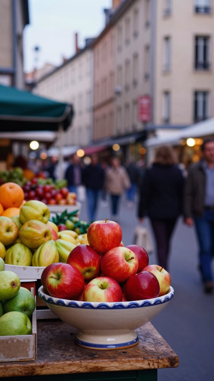 Colorful busy 1980s Lyon street scene with fruit bowl and wicker shadow in in Lyon, France
