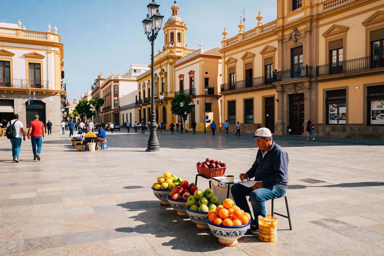 Colorful Busy 1980s Valencia Street Scene with Local Details in in Valencia, Spain